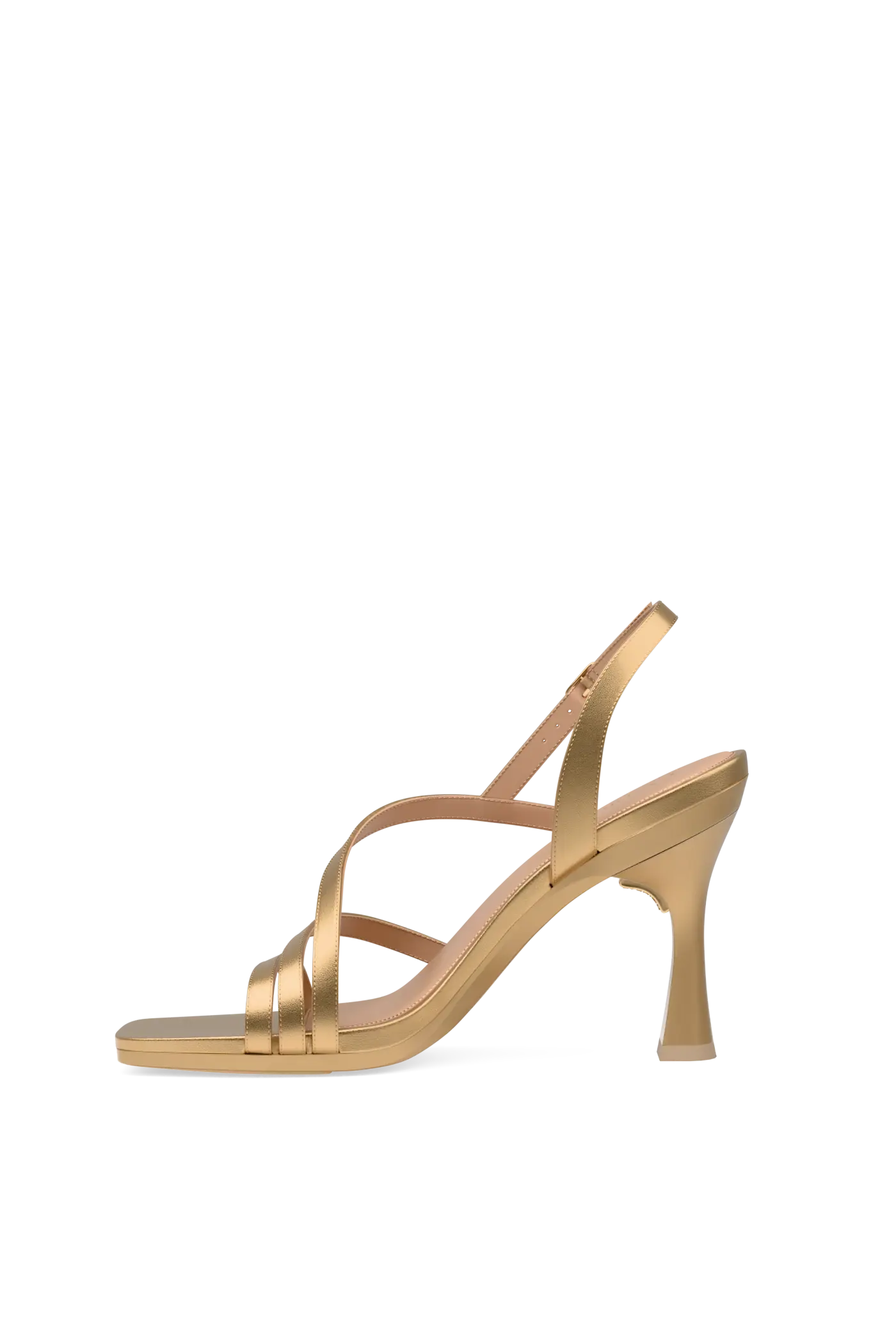 a matte gold strappy open toe flare stiletto high heel sandal
