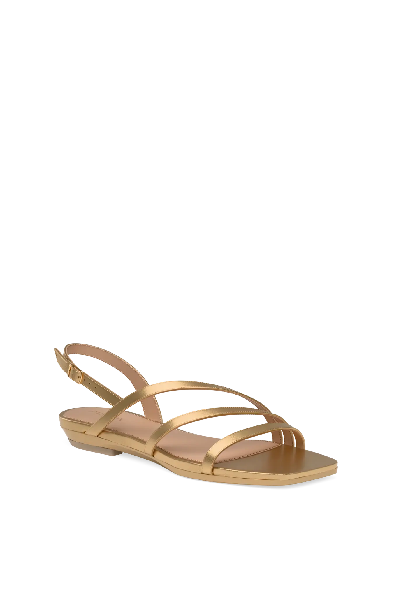 a matte gold strappy open toe flat sandal