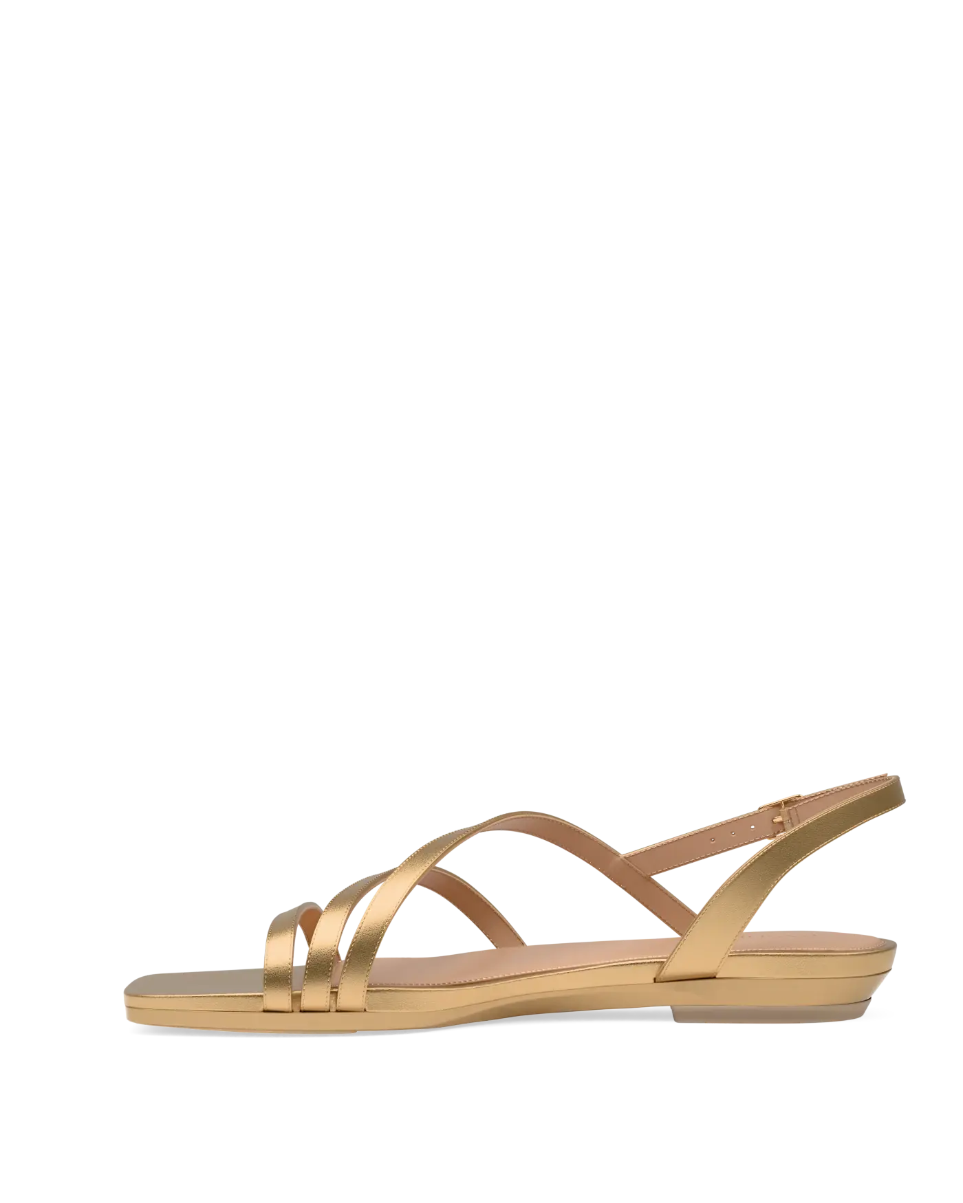 side view of a matte gold strappy open toe  flat sandal