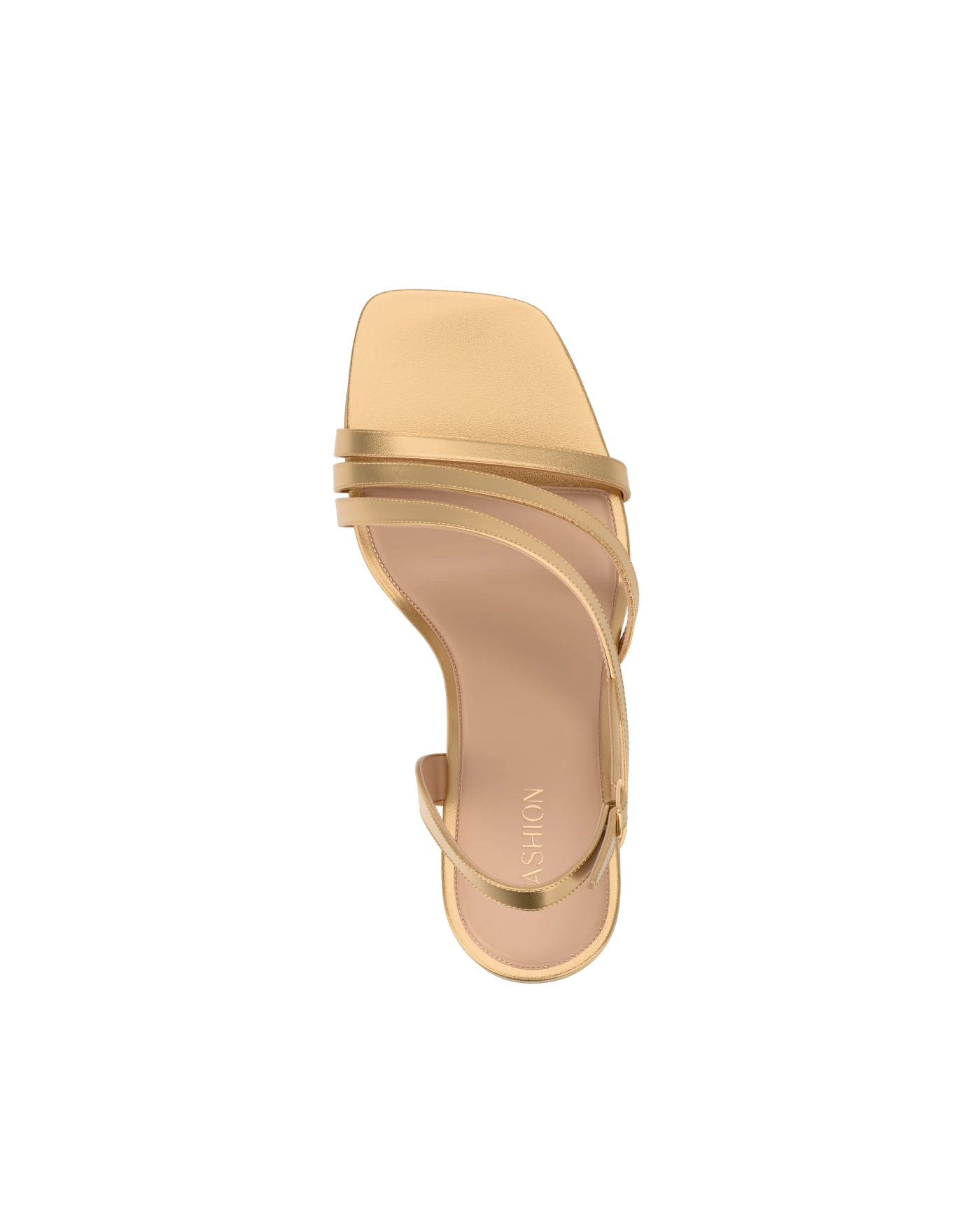 top view of a matte gold strappy open toe sandal