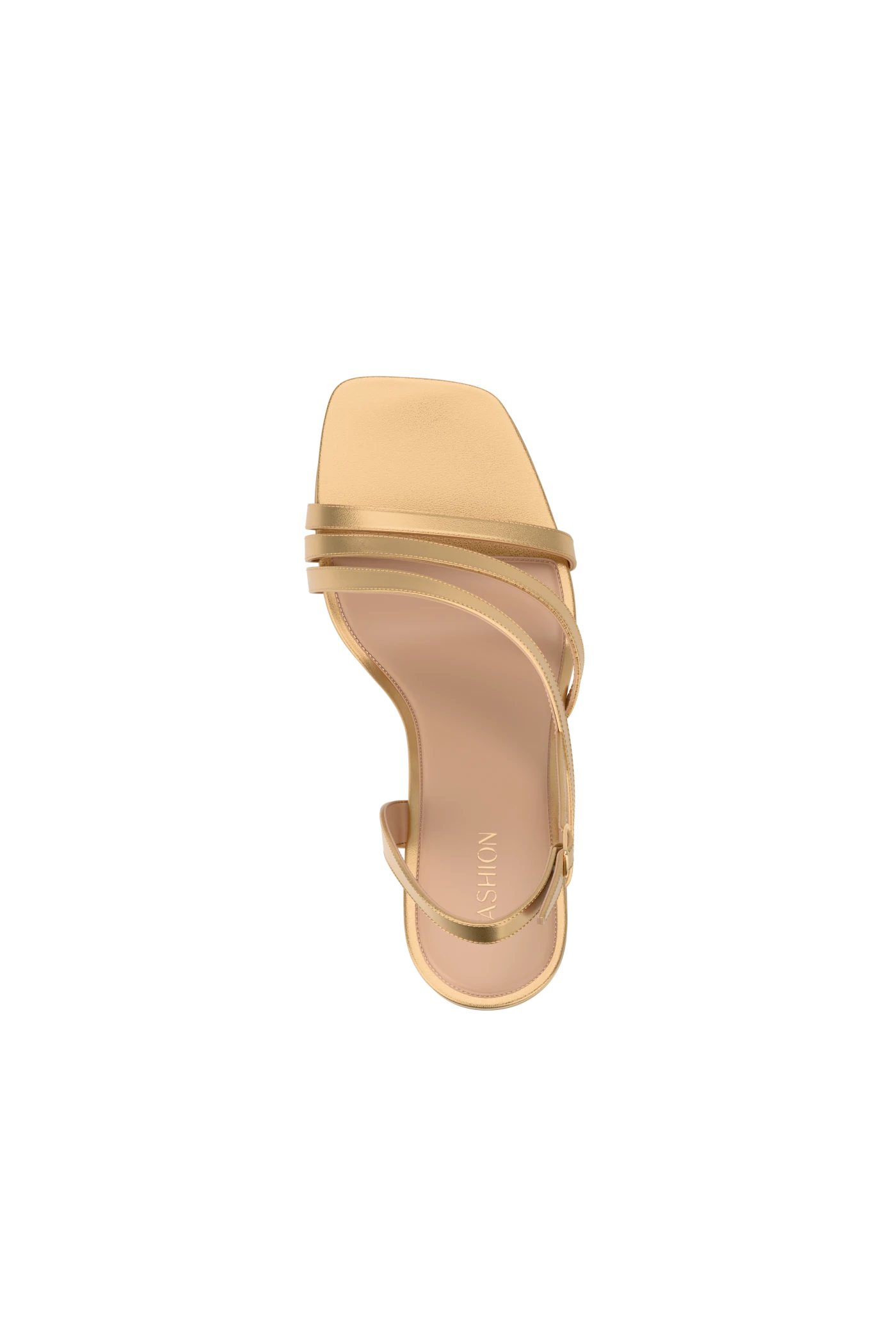 top view of a matte gold strappy open toe sandal