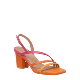 an orange and pink ombre, strappy, open toe, block heel sandal