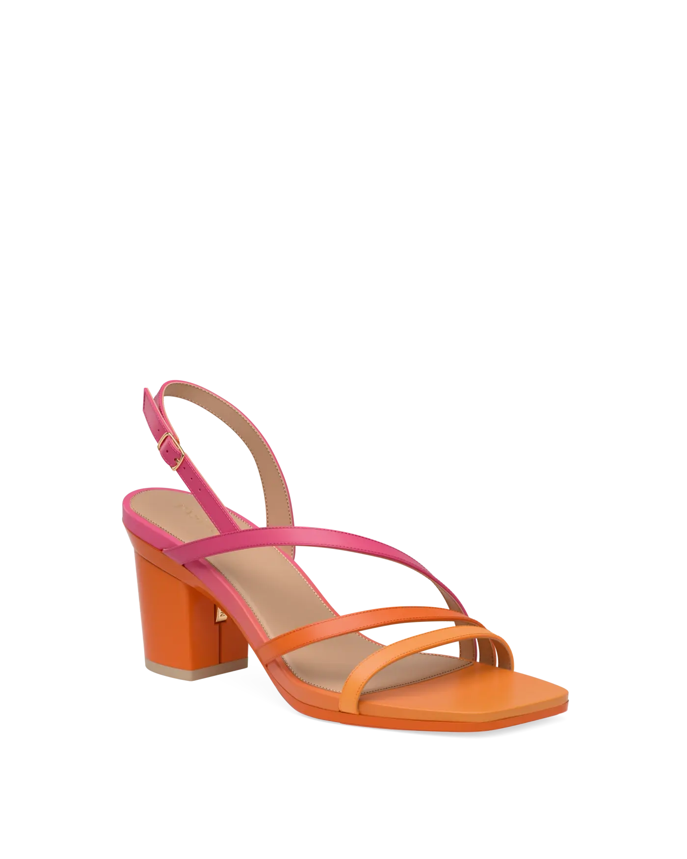 an orange and pink ombre, strappy, open toe, block heel sandal