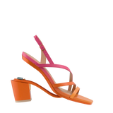 a convertible, orange and pink ombre, strappy, open toe, block heel sandal