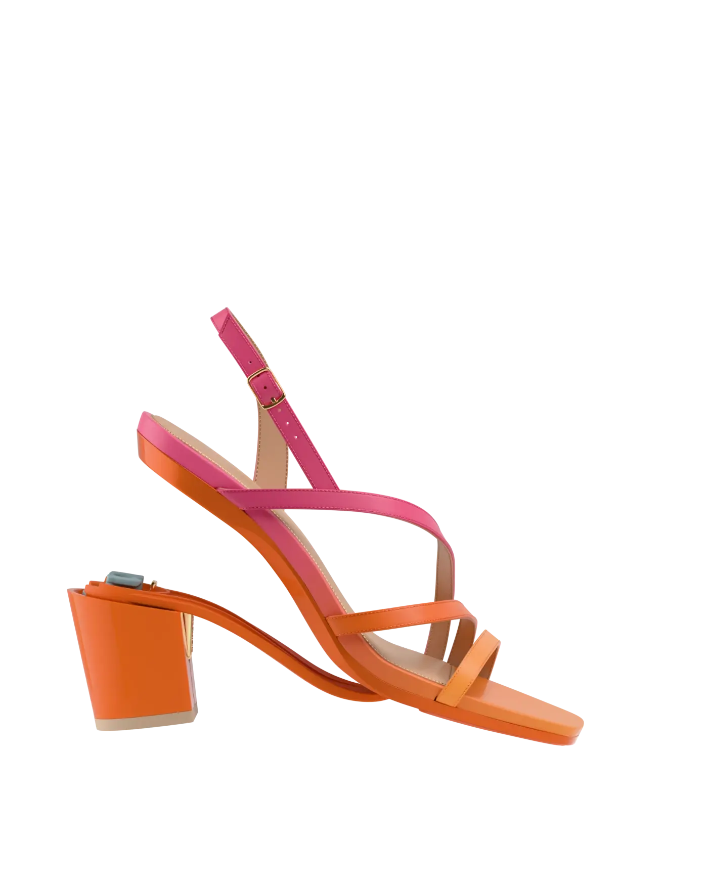 a convertible, orange and pink ombre, strappy, open toe, block heel sandal
