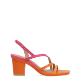 an orange and pink ombre, strappy, open toe, block heel sandal