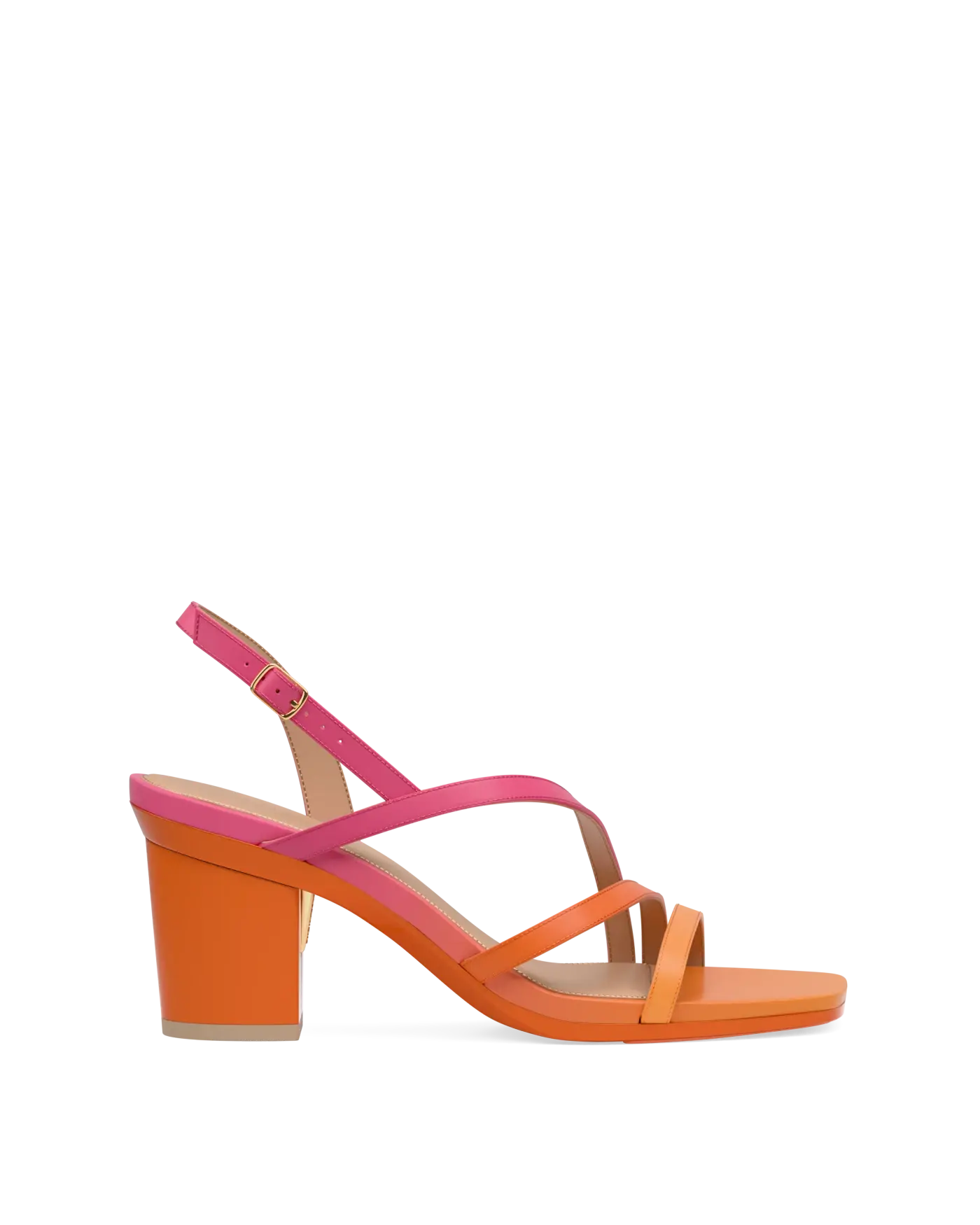 an orange and pink ombre, strappy, open toe, block heel sandal