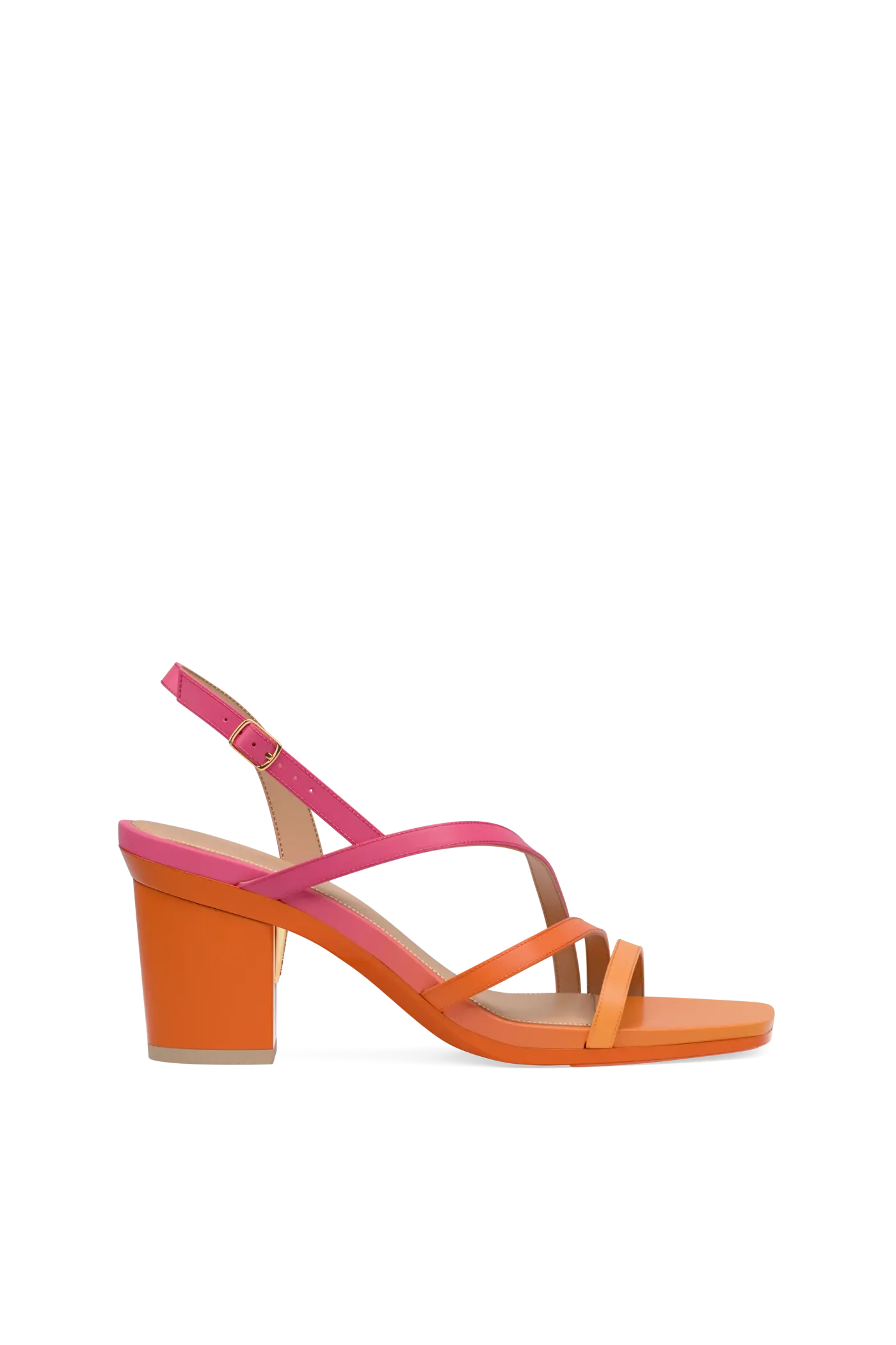 an orange and pink ombre, strappy, open toe, block heel sandal