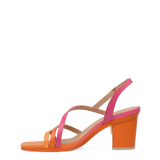 an orange and pink ombre, strappy, open toe, block heel sandal