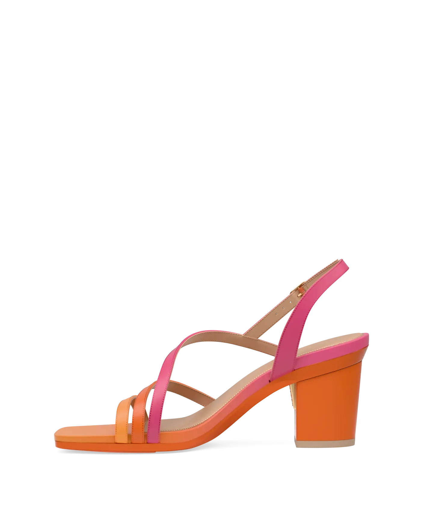 an orange and pink ombre, strappy, open toe, block heel sandal