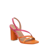 an orange and pink ombre, strappy, open toe, block heel sandal