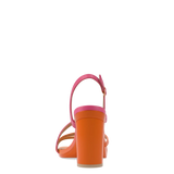 an orange and pink ombre, strappy, open toe, block heel sandal