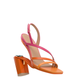 a convertible, orange and pink ombre, strappy, open toe, block heel sandal