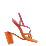 a convertible, orange and pink ombre, strappy, open toe, block heel sandal