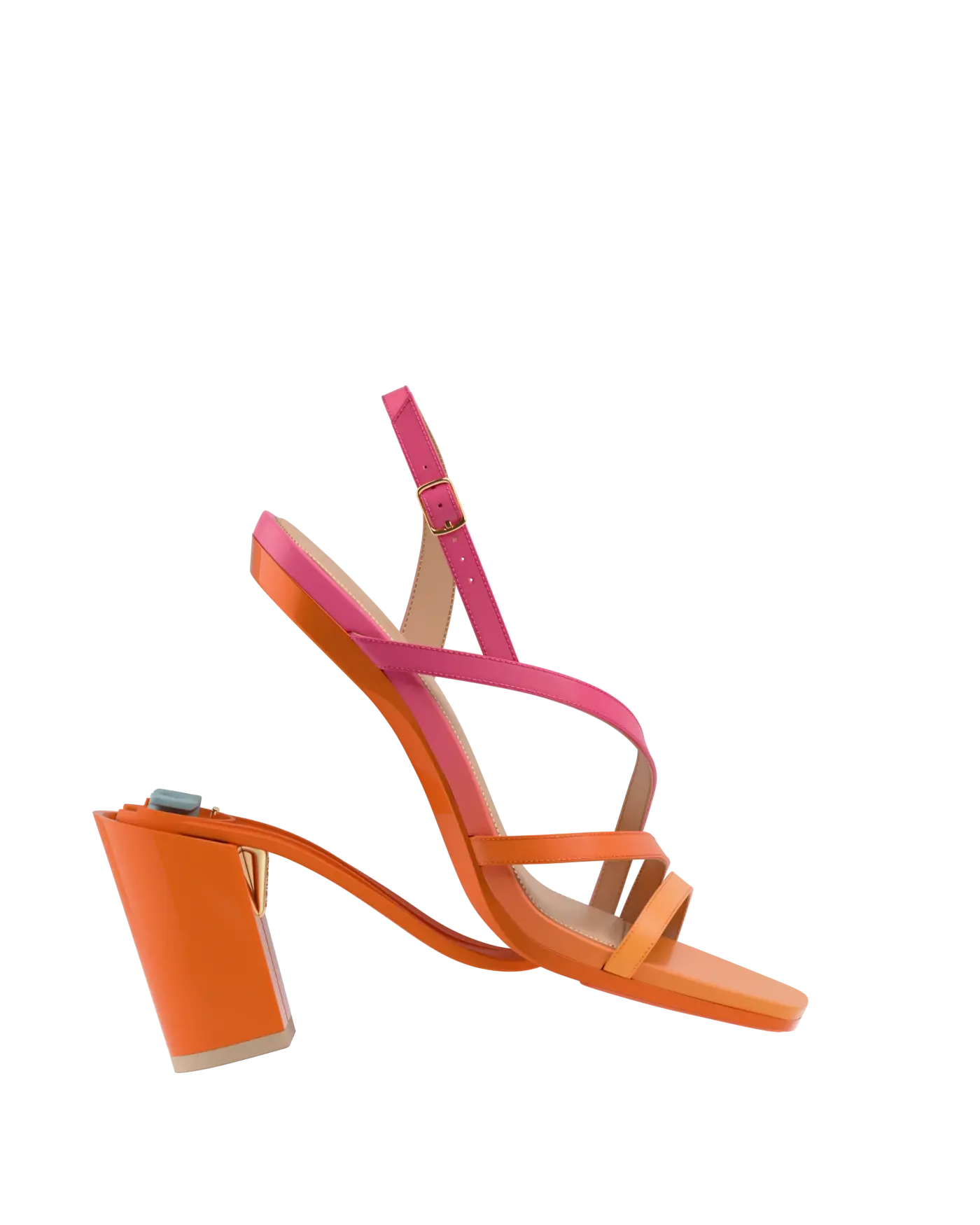 a convertible, orange and pink ombre, strappy, open toe, block heel sandal