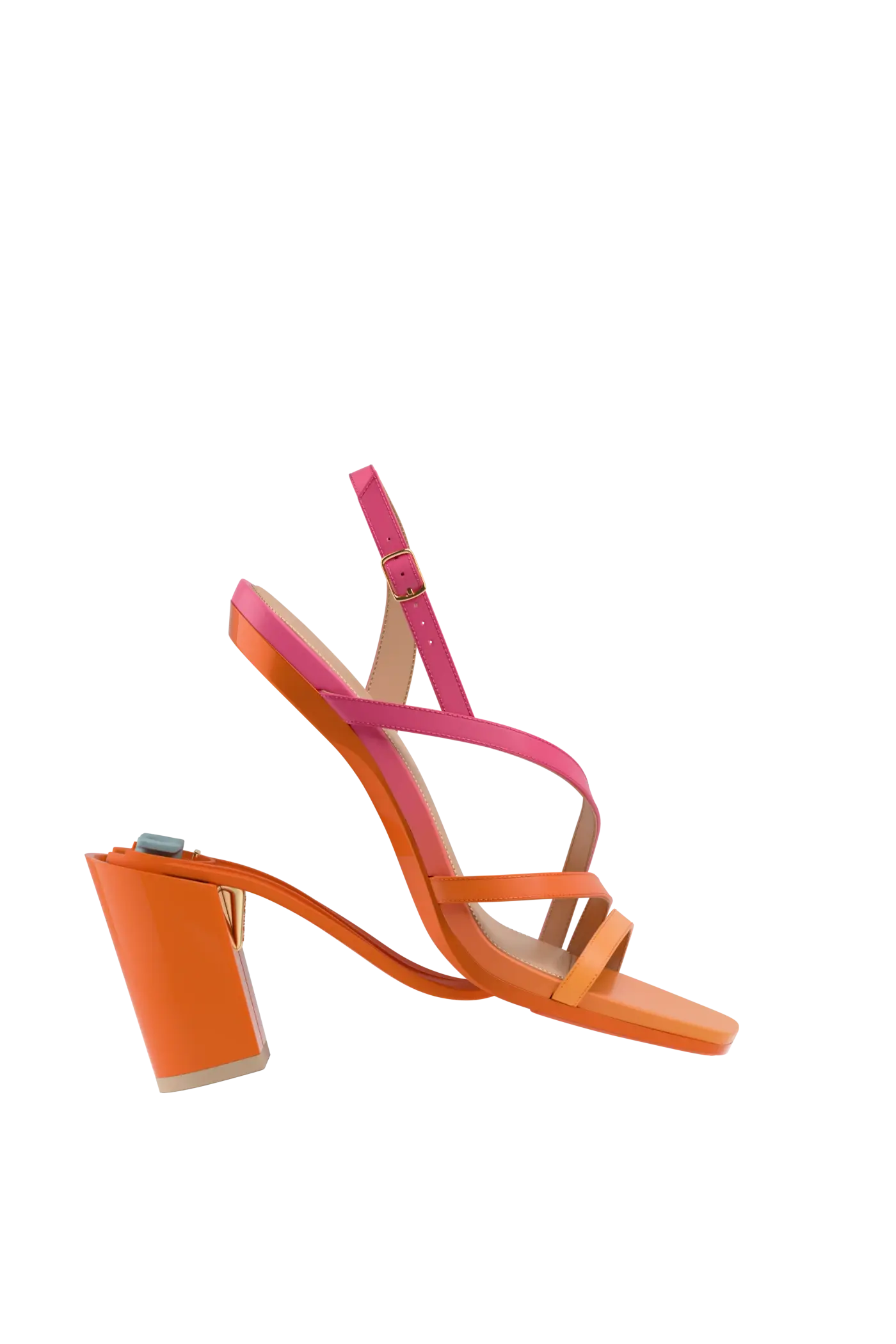 a convertible, orange and pink ombre, strappy, open toe, block heel sandal