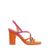 an orange and pink ombre, strappy, open toe, block heel sandal