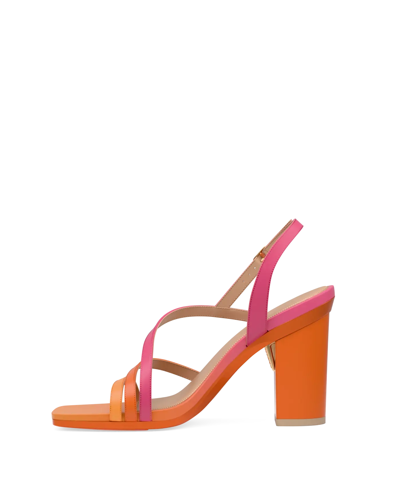 an orange and pink ombre, strappy, open toe, block heel sandal
