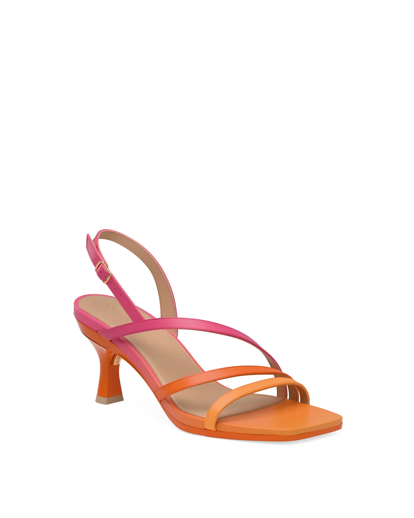 an orange and pink ombre, strappy, open toe, kitten stiletto heel sandal
