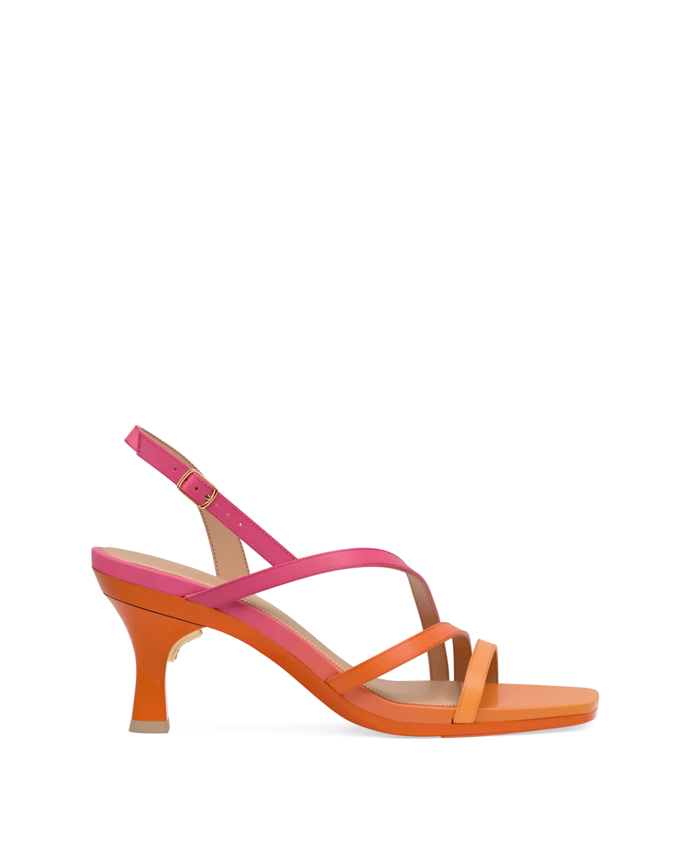 an orange and pink ombre strappy open toe, kitten stiletto heel sandal