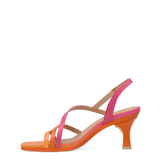 an orange and pink ombre strappy open toe, kitten stiletto heel sandal