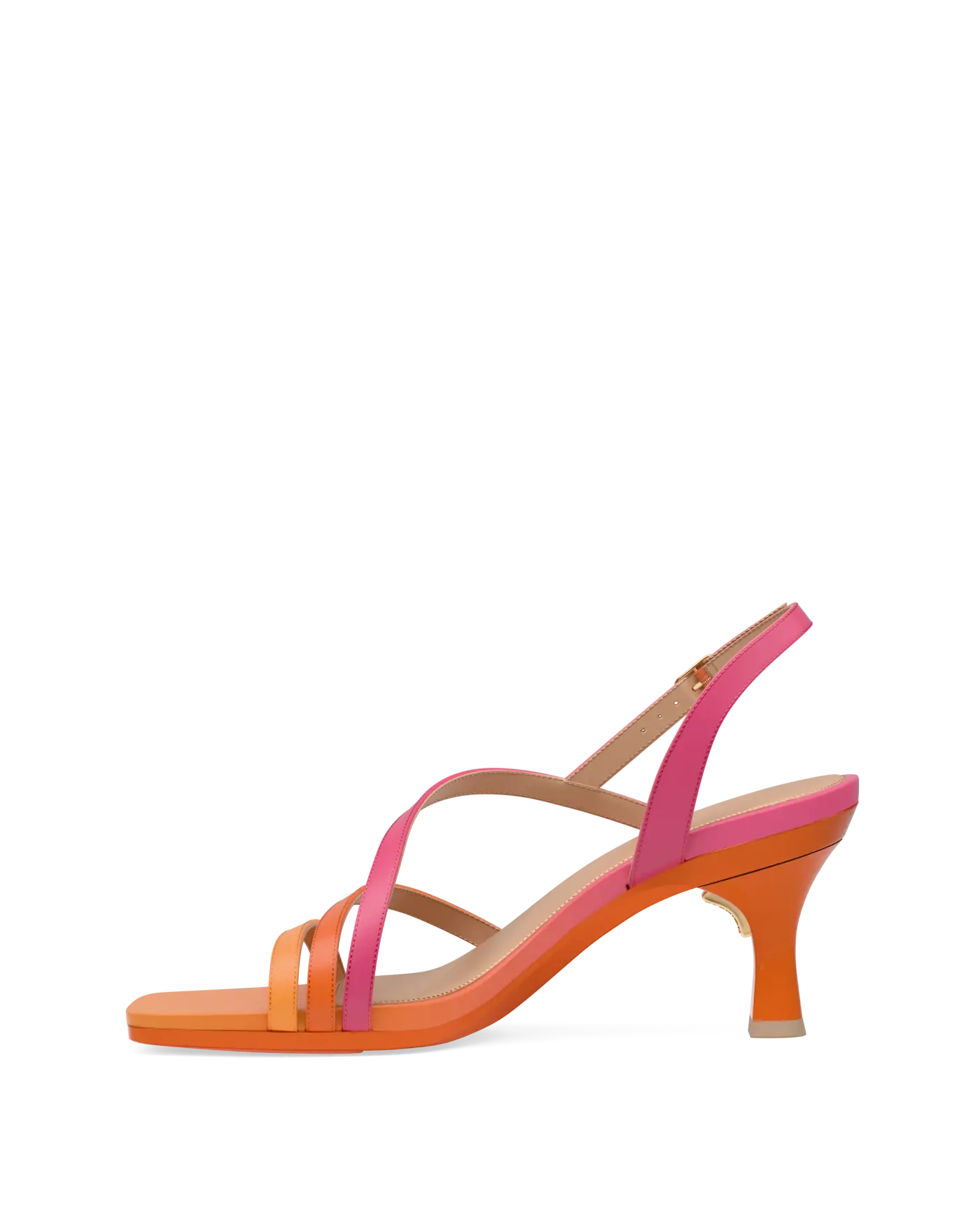an orange and pink ombre strappy open toe, kitten stiletto heel sandal