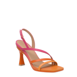 an orange and pink ombre, strappy, open toe, flare stiletto heel sandal