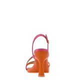 an orange and pink ombre, strappy, open toe, flare stiletto heel sandal