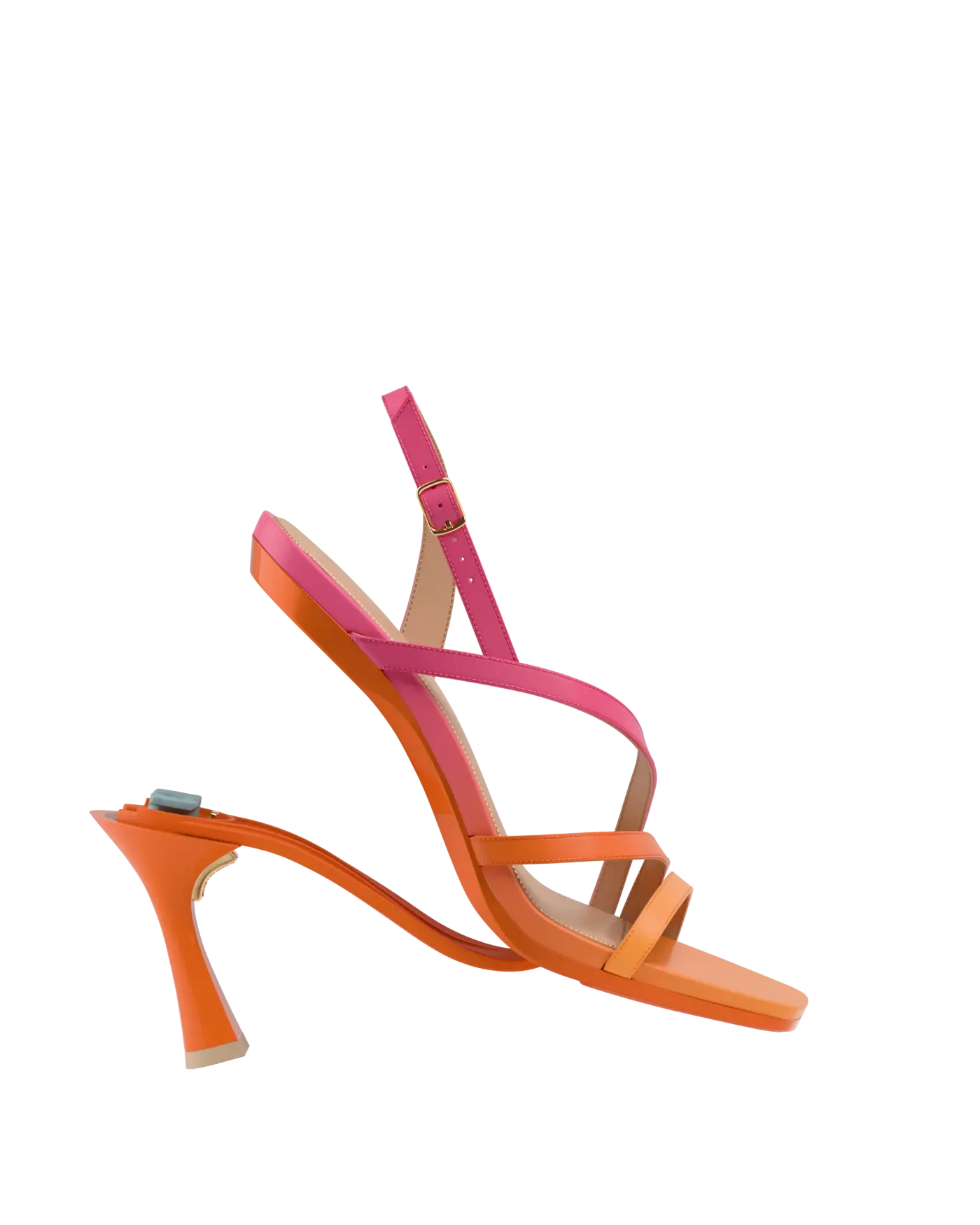 convertible, orange and pink ombre, strappy, open toe, flare stiletto heel sandal