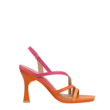 an orange and pink ombre, strappy, open toe, flare stiletto heel sandal