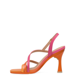 an orange and pink ombre, strappy, open toe, flare stiletto heel sandal