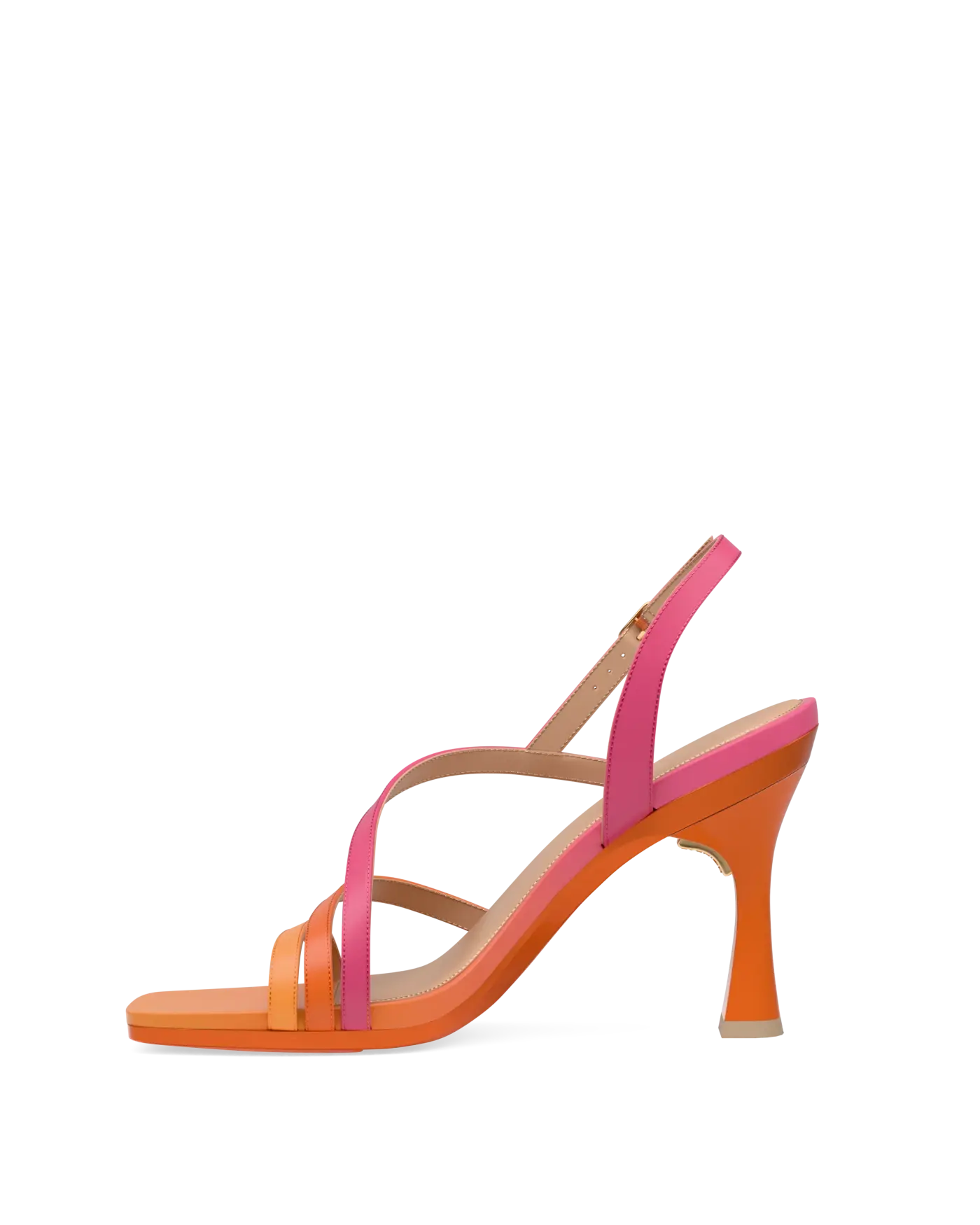 an orange and pink ombre, strappy, open toe, flare stiletto heel sandal