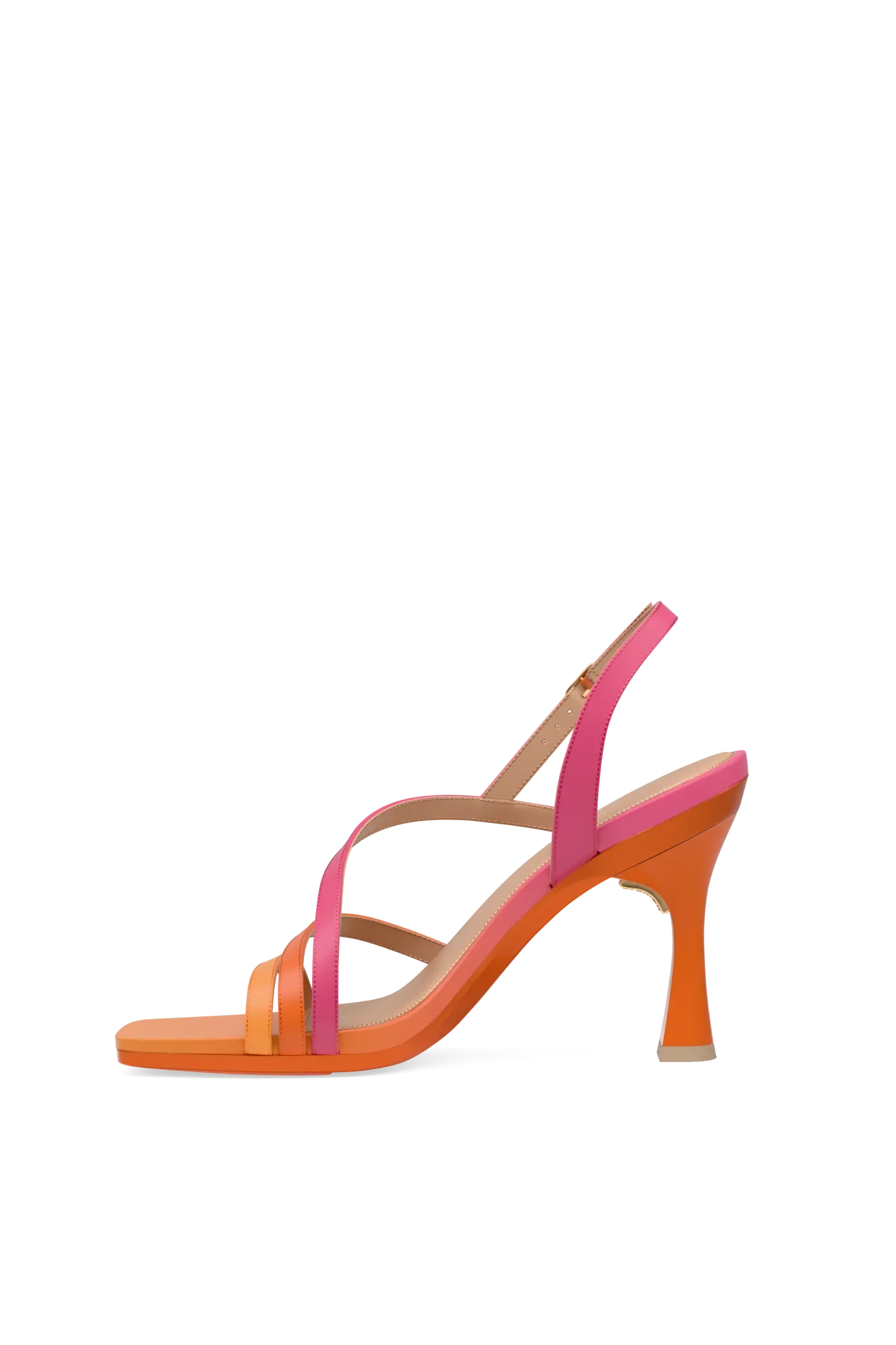 an orange and pink ombre, strappy, open toe, flare stiletto heel sandal
