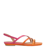 side view of an orange and pink ombre strappy open toe sandal flat