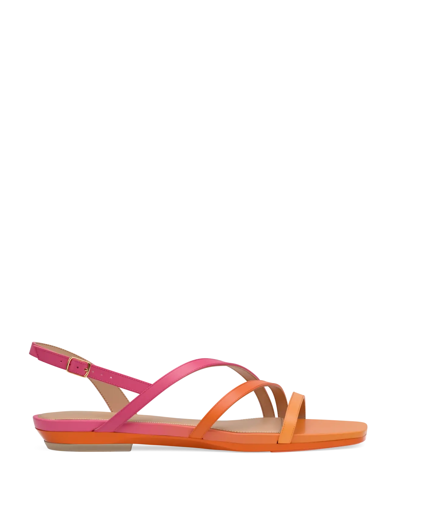 side view of an orange and pink ombre strappy open toe sandal flat