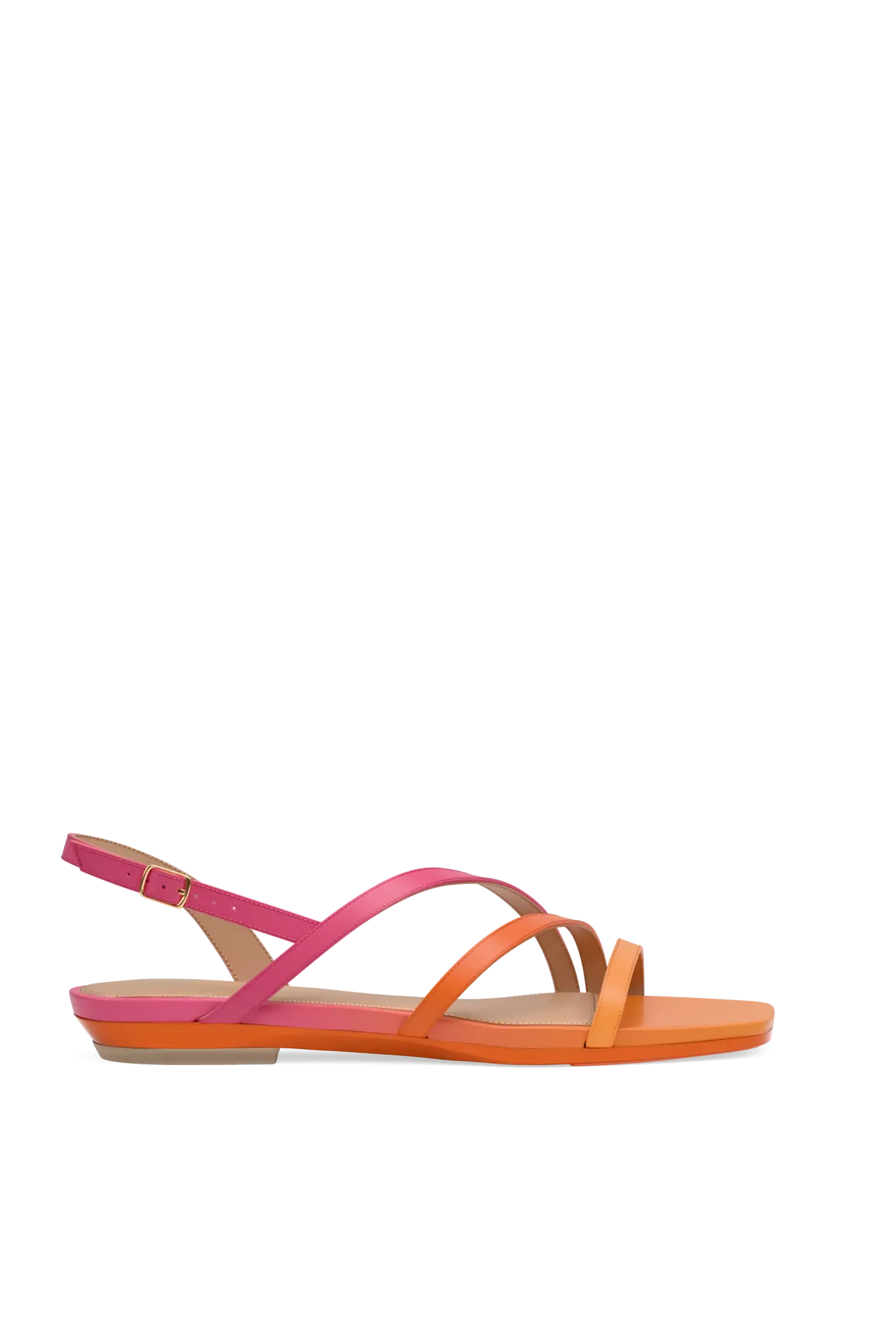side view of an orange and pink ombre strappy open toe sandal flat