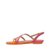 top view of an orange and pink ombre strappy open toe sandal flat
