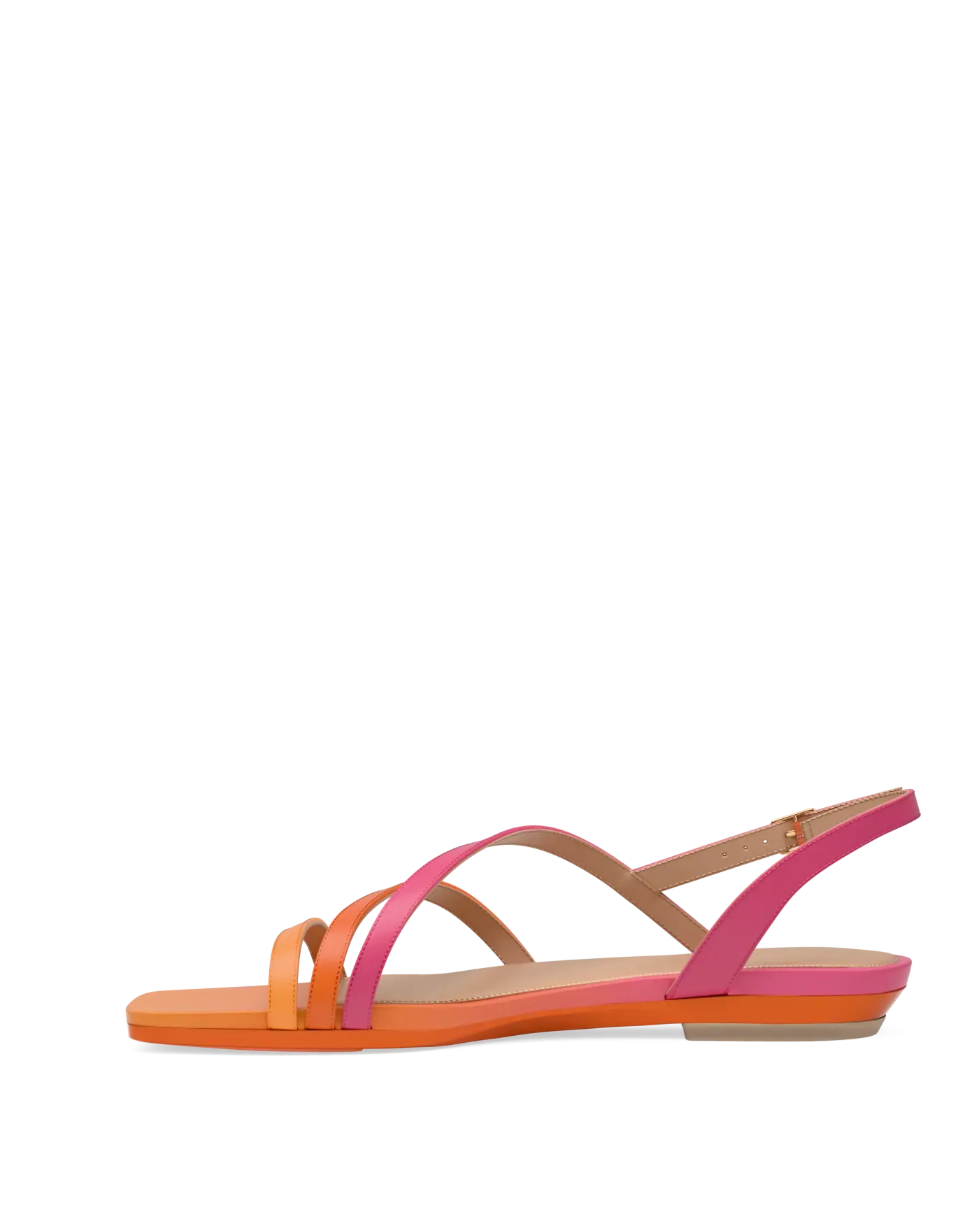 top view of an orange and pink ombre strappy open toe sandal flat