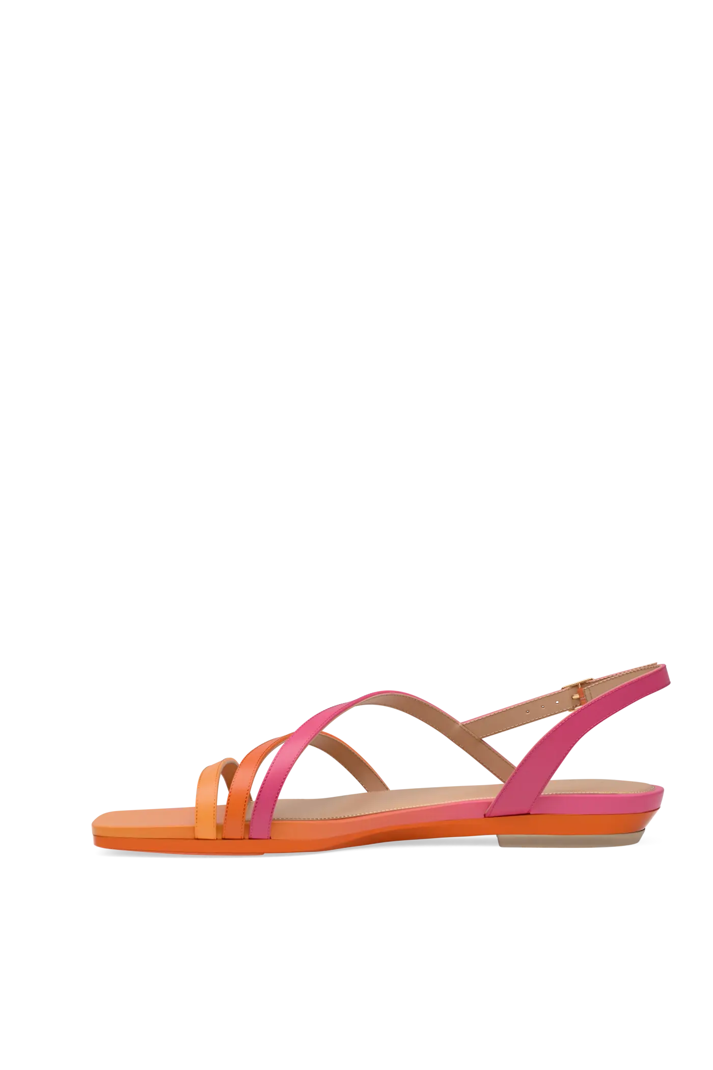 top view of an orange and pink ombre strappy open toe sandal flat