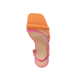 top view of an orange and pink ombre strappy open toe sandal