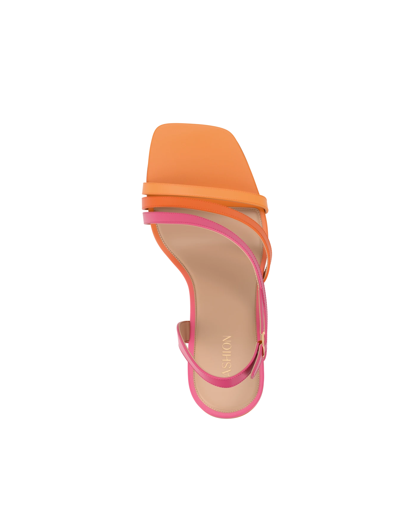 top view of an orange and pink ombre strappy open toe sandal