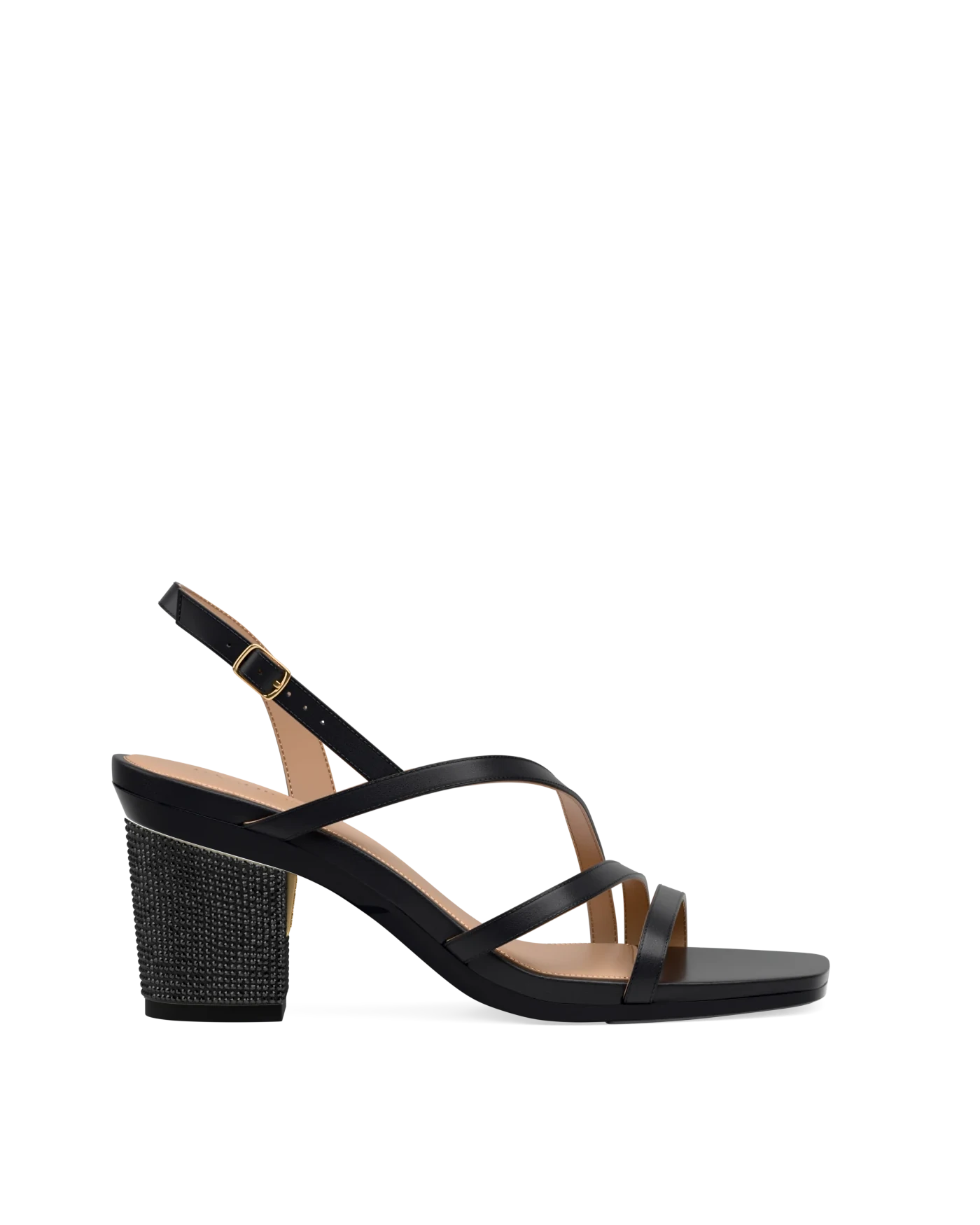 Block Heel Kit 3 Coal Black Rhinestone shown on the Gia Coal Leather upper. Pashion convertible heels go from heel to flat and are customizable with interchangeable heel kits.