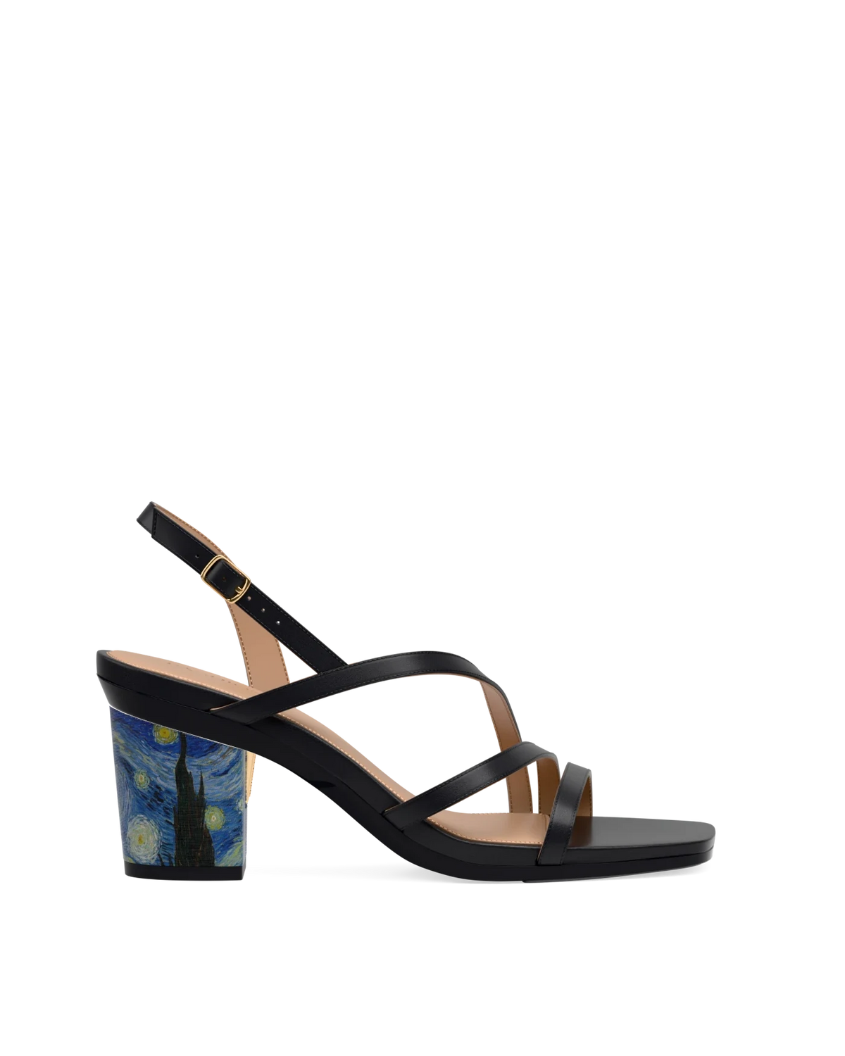 Block Heel Kit 3 Van Gogh Print shown on the Gia Coal Leather upper. Pashion convertible heels go from heel to flat and are customizable with interchangeable heel kits.