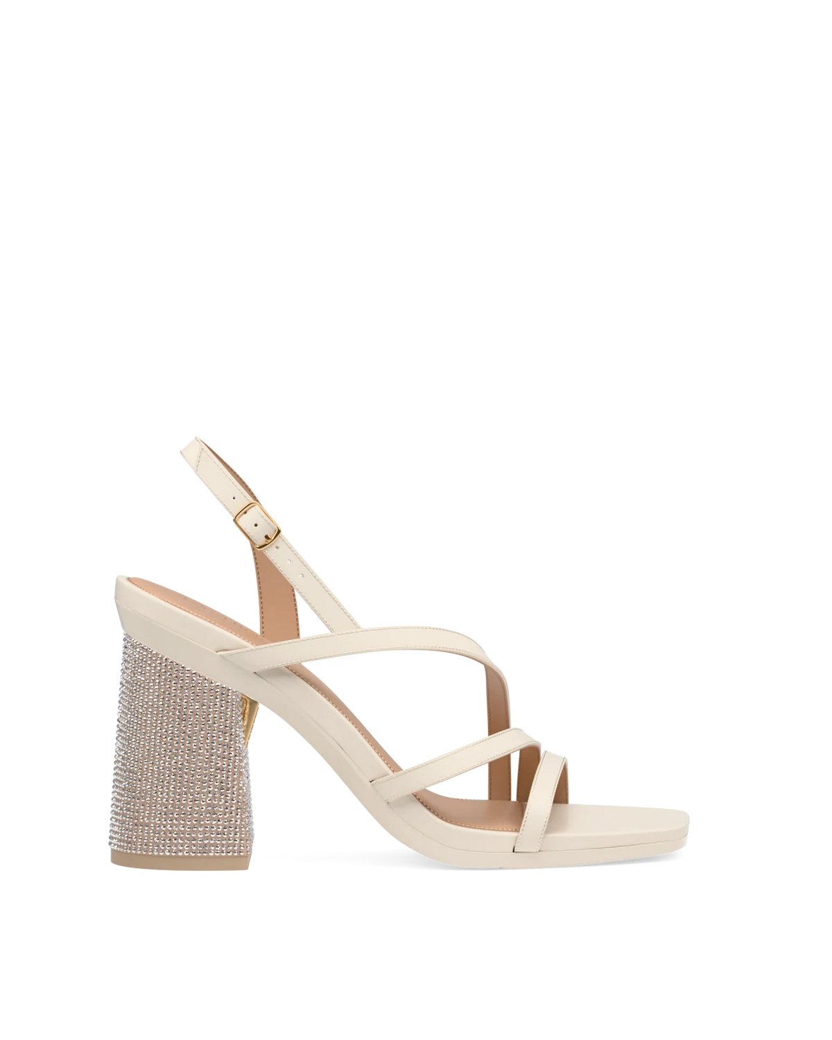 Flare Block Heel Kit 4 Sand Rhinestone shown on the Gia Ivory Leather upper. Pashion convertible heels go from heel to flat and are customizable with interchangeable heel kits.