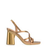 Flare Block Heel Kit 4 Gold Metallic shown on the Gia Matte Gold Leather upper. Pashion convertible heels go from heel to flat and are customizable with interchangeable heel kits.