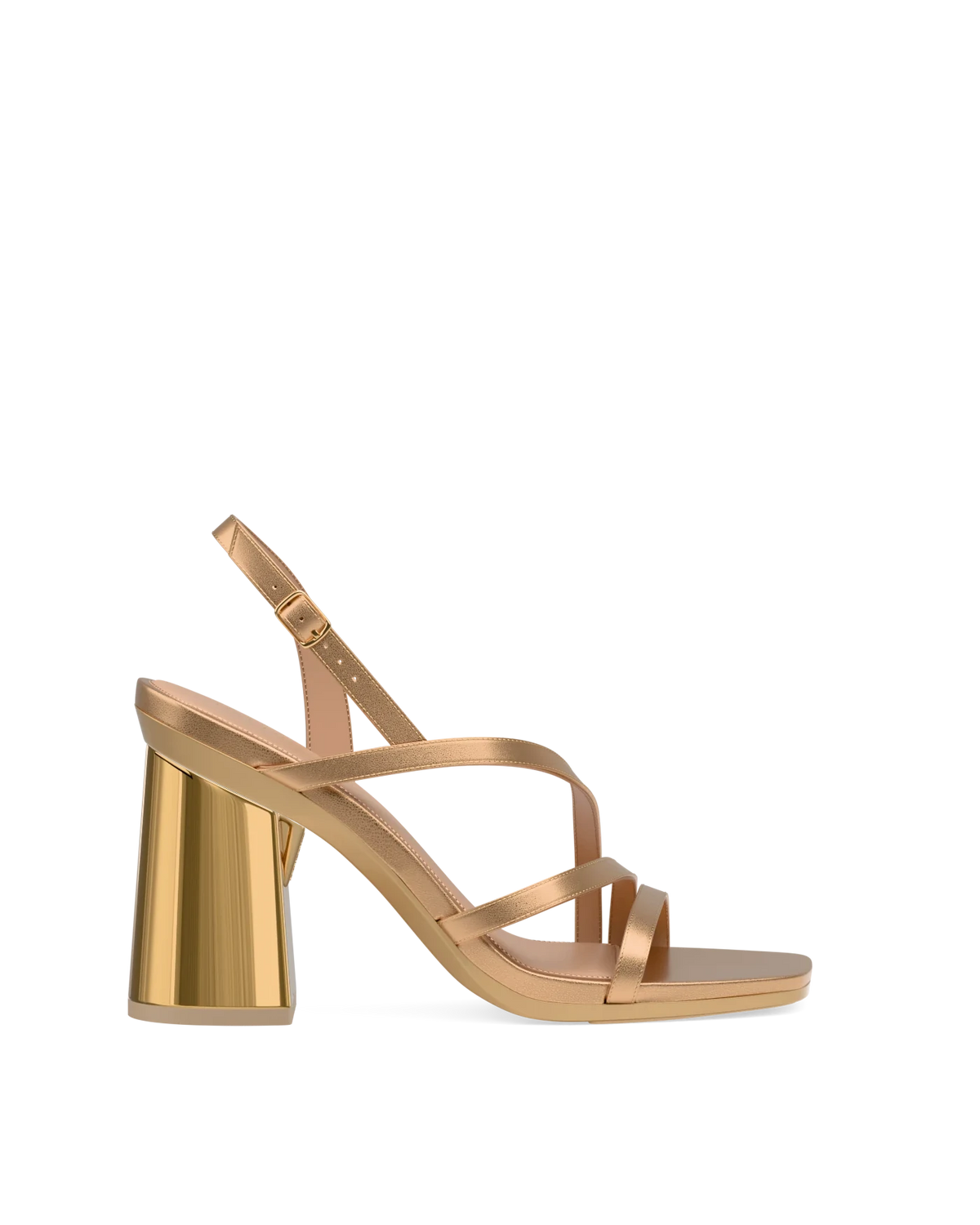Flare Block Heel Kit 4 Gold Metallic shown on the Gia Matte Gold Leather upper. Pashion convertible heels go from heel to flat and are customizable with interchangeable heel kits.
