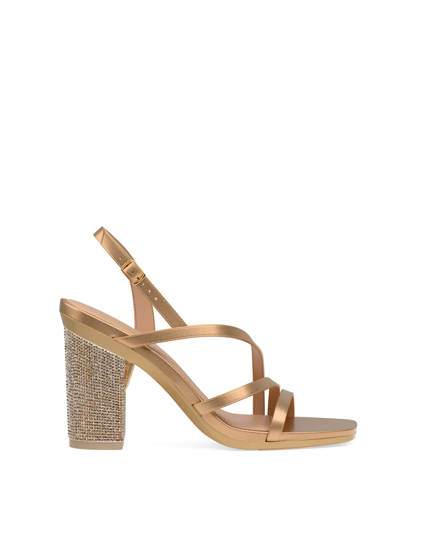Block Heel Kit 4 Gold Rhinestone shown on the Gia Matte Gold Leather upper. Pashion convertible heels go from heel to flat and are customizable with interchangeable heel kits.