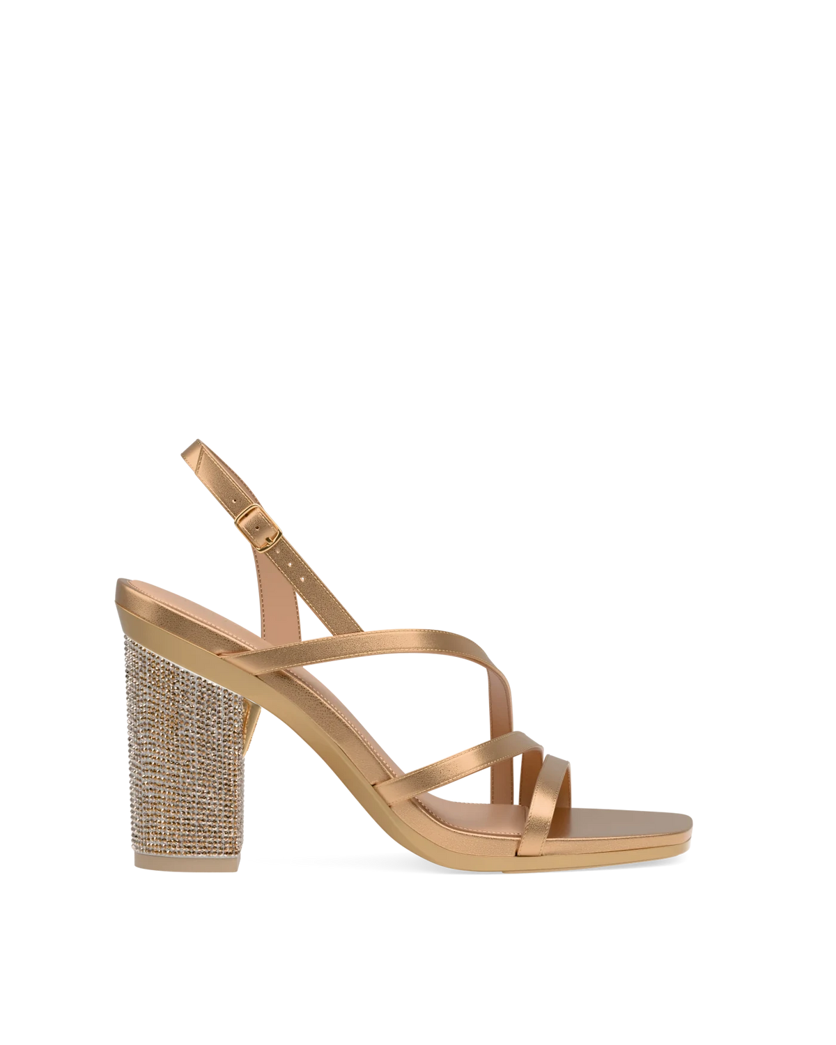 Block Heel Kit 4 Gold Rhinestone shown on the Gia Matte Gold Leather upper. Pashion convertible heels go from heel to flat and are customizable with interchangeable heel kits.