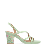 Block Heel Kit 3 Mint Daisy Embroidery shown on the Gia Mint Leather upper. Pashion convertible heels go from heel to flat and are customizable with interchangeable heel kits.