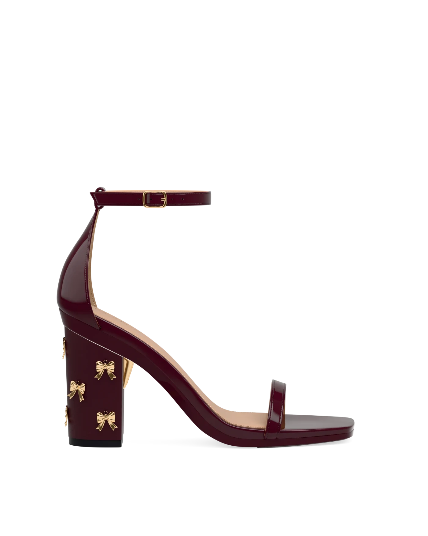 Block Heel Kit 4 Cherry Mocha Bow Charm shown on the Gigi Cherry Mocha Patent upper. Pashion convertible heels go from heel to flat and are customizable with interchangeable heel kits.